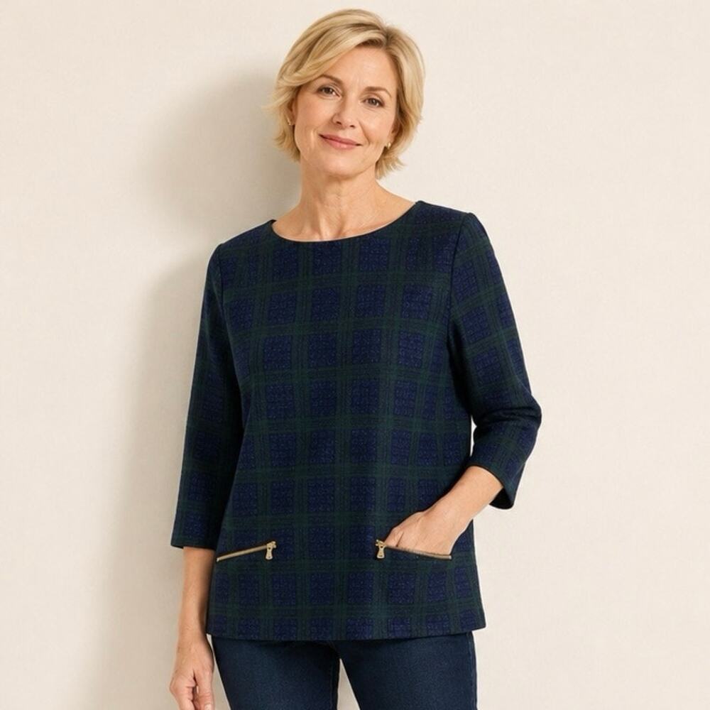 Talbots Black Watch Shimmery Plaid Zip Pocket Jacquard Top Medium Petite